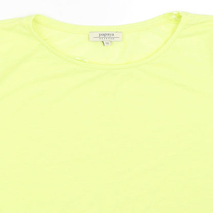 Close-up detail of Papaya women’s yellow basic t-shirt, size UK 12