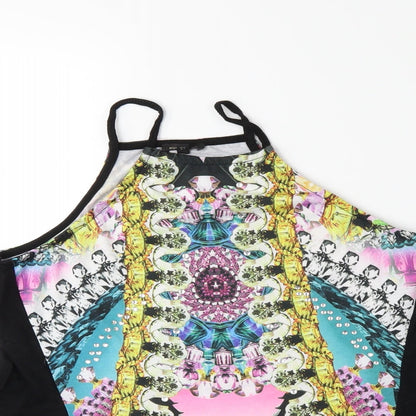 Close-up detail of River Island women’s black floral basic tank, size UK 8