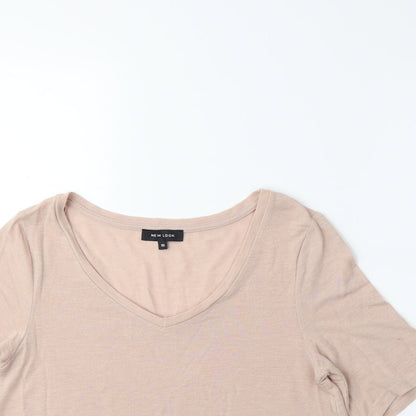 Close-up detail of New Look women’s beige basic t-shirt, size UK 10