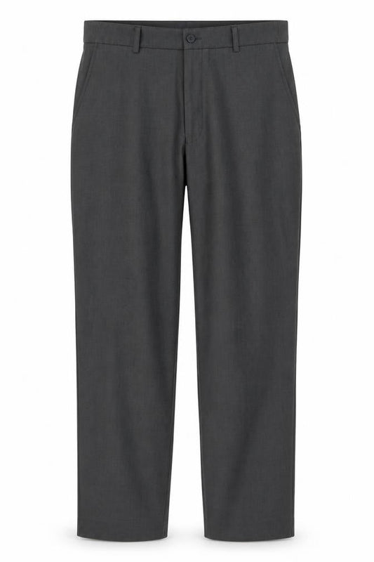 Front view of Preworn men’s grey trousers, size 34, in, 29-inch leg