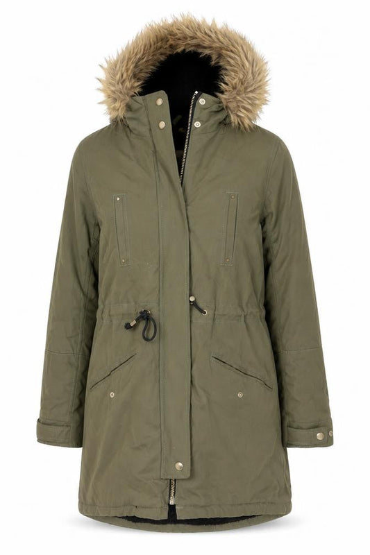 Front view of Papaya women’s green jacket coat, size UK 8