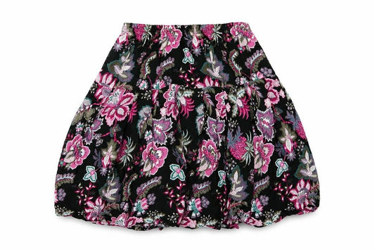 Front view of Preworn women’s multicoloured floral jersey a-line skirt, size UK 32, in