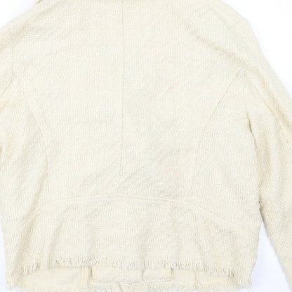 Brand and care label for H&M women’s ivory jacket, size UK 8
