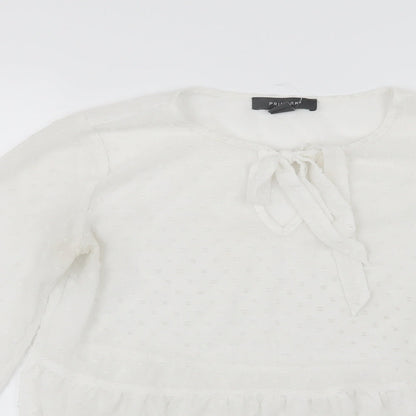 Close-up detail of Primark women’s white polka dot chiffon basic blouse, size UK 8