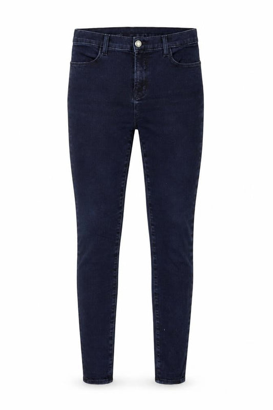 Front view of women’s blue denim skinny jeans, size UK 30, in, 30-inch leg