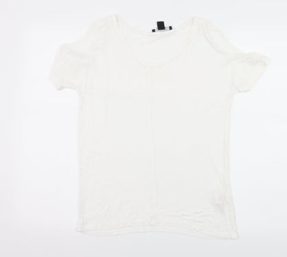 Additional front view of Atmosphere women’s white jersey basic t-shirt, size UK 6, - cut out shoulder