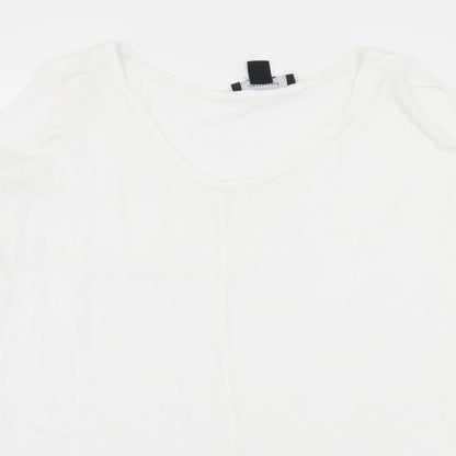 Close-up detail of Atmosphere women’s white jersey basic t-shirt, size UK 6, - cut out shoulder