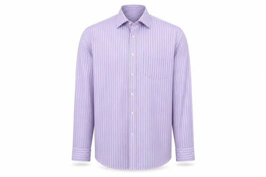 Front view of Taylor & Wright men’s purple striped button-up, size 15.5