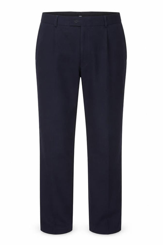 Front view of Preworn men’s blue trousers, size 34, in, 27-inch leg