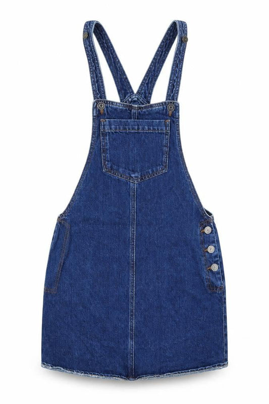 Front view of Topshop women’s blue dungaree one-piece, size UK 6