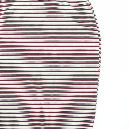 Brand and care label for Primark women’s purple striped a-line skirt, size UK 8