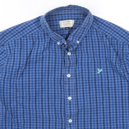 Close-up detail of George men’s blue check button-up, size L