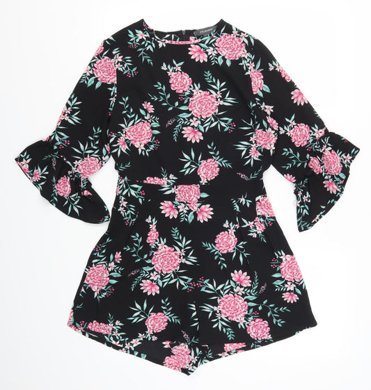 Primark Womens Black Flecked  Playsuit One-Piece Size 8 L3 in - Pink Flowers