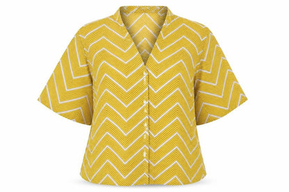 Front view of Boohoo women’s yellow striped basic button-up, size UK 8