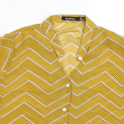 Close-up detail of Boohoo women’s yellow striped basic button-up, size UK 8