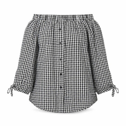 Front view of Cameo women’s black plaid basic blouse, size UK 10