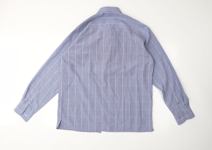 Back view of Island Earth men’s black plaid button-up, size L