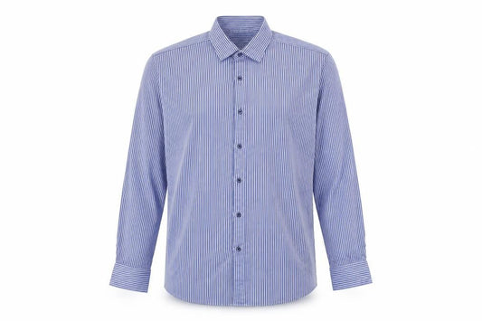Front view of JOHN FRANCOME men’s blue striped button-up, size 16.5