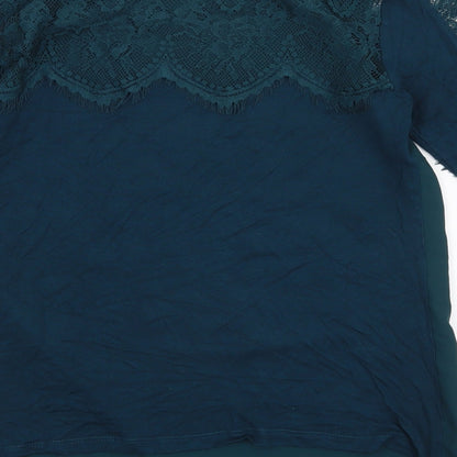 Brand and care label for Warehouse women’s green basic blouse, size UK 8