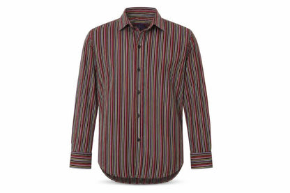 Front view of curtis mayfair men’s red striped button-up, size M