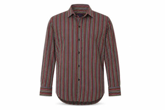 Front view of curtis mayfair men’s red striped button-up, size M