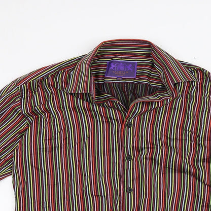 Close-up detail of curtis mayfair men’s red striped button-up, size M