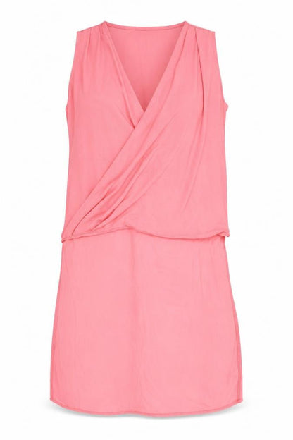 Front view of Missguided women’s pink chiffon tunic t-shirt, size UK 8, - wrap, long back
