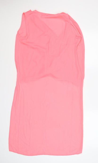 Back view of Missguided women’s pink chiffon tunic t-shirt, size UK 8, - wrap, long back