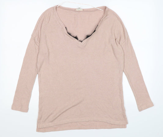 River Island Womens Pink Striped Knit Pullover Jumper Size 6  - lace neckline