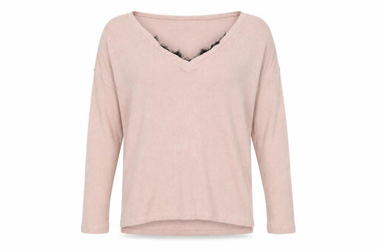 Front view of River Island women’s pink striped knit jumper, size UK 6, - lace neckline