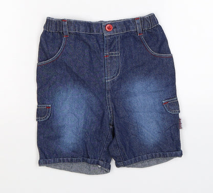 Front view of Aardvark boys’ blue denim cargo shorts, size 2, years