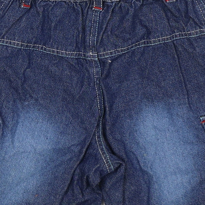 Brand and care label for Aardvark boys’ blue denim cargo shorts, size 2, years
