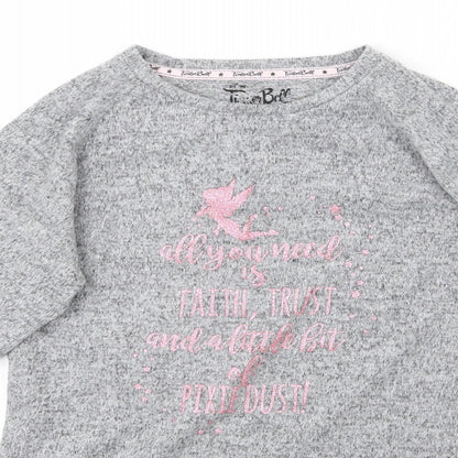 Close-up detail of Tinkerbell girls’ grey jumper, size 12-13, years - pixie dust