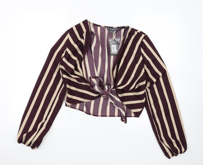 Front view of Primark women’s purple striped cropped blouse, size UK 10