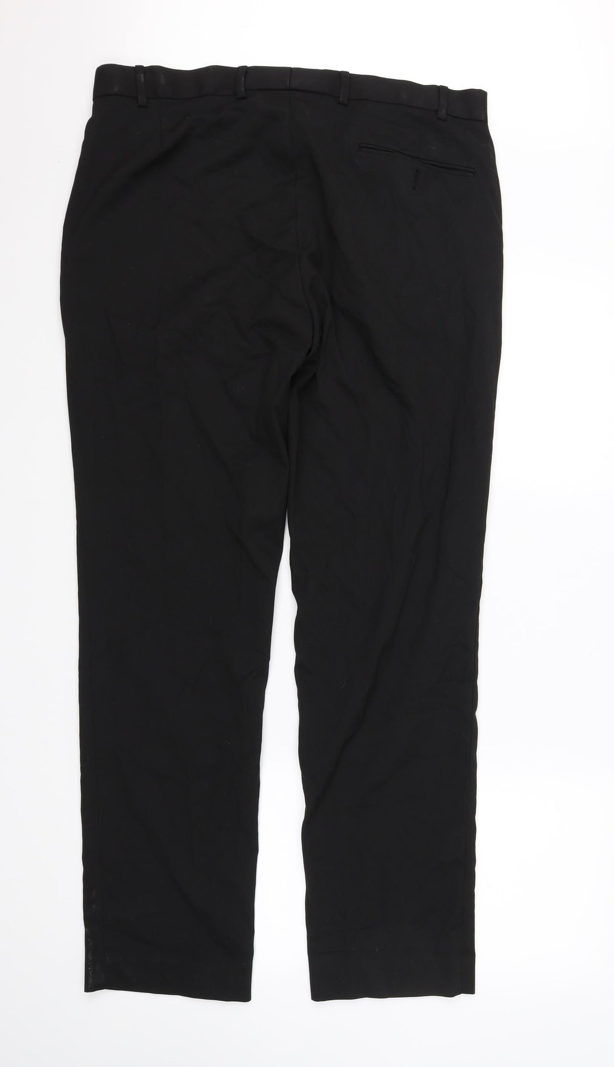 Back view of Preworn women’s black dress pants trousers, size UK 36, in, 30-inch leg