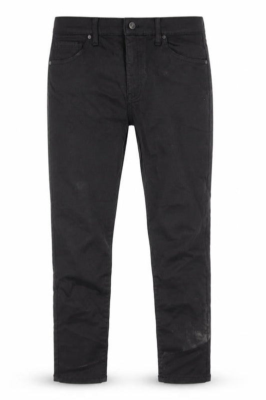 Front view of women’s black denim straight jeans, size UK 34, in, 30-inch leg