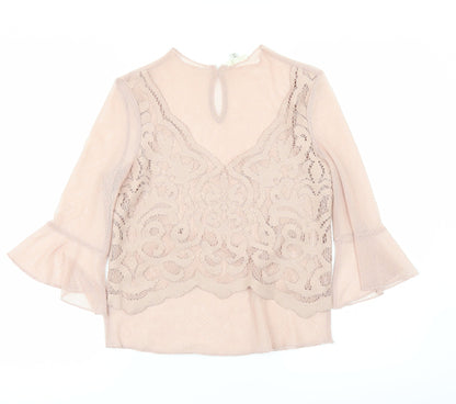 Additional front view of River Island women’s pink polka dot mesh basic blouse, size UK 8