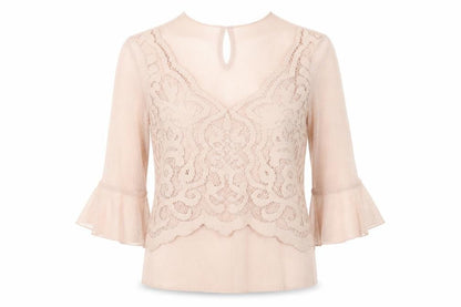 Front view of River Island women’s pink polka dot mesh basic blouse, size UK 8