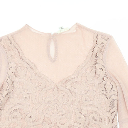 Close-up detail of River Island women’s pink polka dot mesh basic blouse, size UK 8