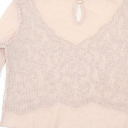 Brand and care label for River Island women’s pink polka dot mesh basic blouse, size UK 8