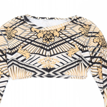 Close-up detail of Preworn women’s brown geometric cropped blouse, size L