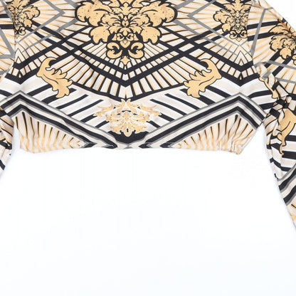 Brand and care label for Preworn women’s brown geometric cropped blouse, size L