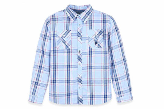 Front view of U.S. Polo Assn. men’s blue check button-up, size S