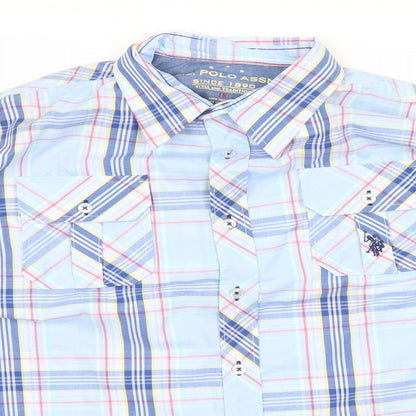Close-up detail of U.S. Polo Assn. men’s blue check button-up, size S