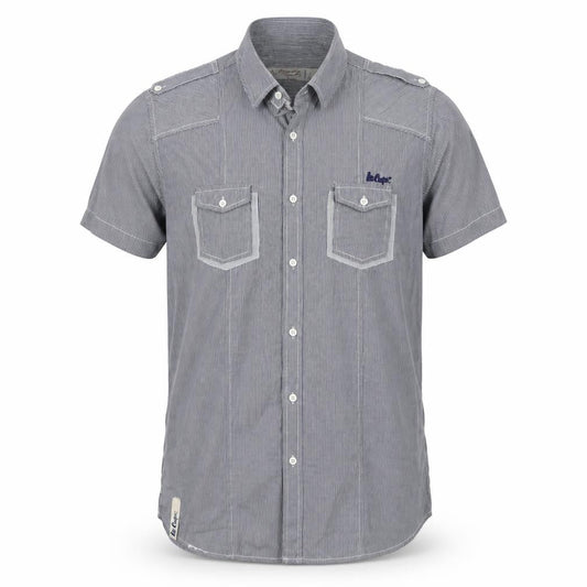 Front view of le cooper men’s grey striped button-up, size XL