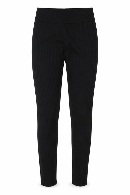 Front view of PRETTYLITTLETHING women’s black striped capri leggings, size UK 10, 27-inch leg