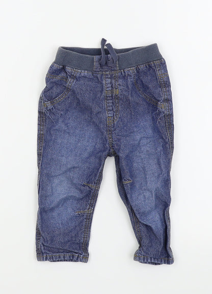 Front view of Asda George boys’ blue jogger trousers, size 9-12, months