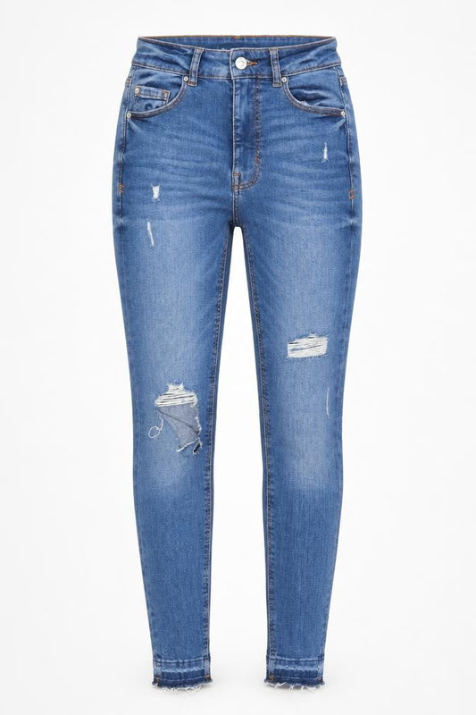 Front view of Denim Co women’s blue denim skinny jeans, size UK 8, 27-inch leg