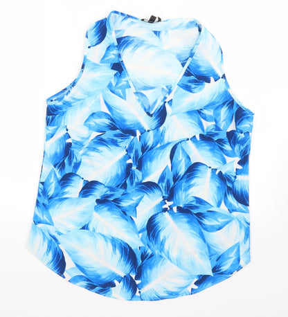 Front view of Simon Jefferey women’s blue floral basic tank, size UK 14, - leaves