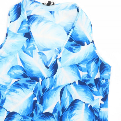 Close-up detail of Simon Jefferey women’s blue floral basic tank, size UK 14, - leaves
